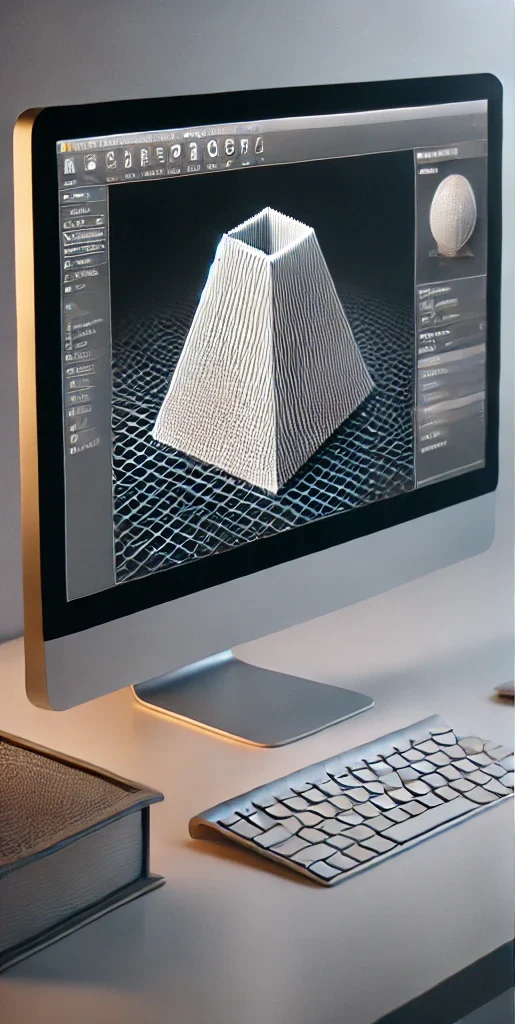 DALL·E 2024-11-23 13.29.06 - 1. A side-by-side image showing a computer screen displaying a 3D CAD model (e.g., a mechanical part or an artistic object) and its real-life counterp Inicio – Productos impresos en 3D Argentina